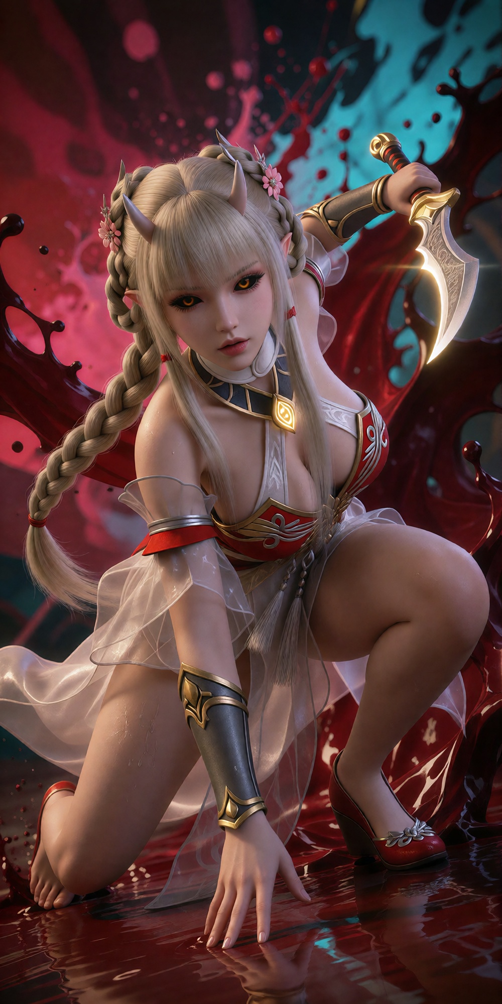 A Pale-skinned Oni girl with realistic skin texture featuring visible pores and glistening sweat; she has eyes with black...