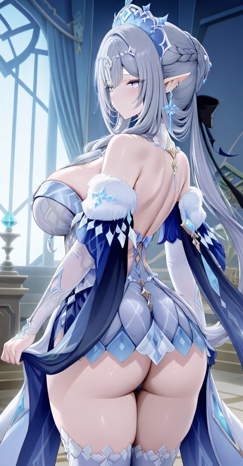 1girl solo long hair breasts Skirt looking back bangs Symbol shaped eyes blue eyes large breasts hair ornament dress cleav...