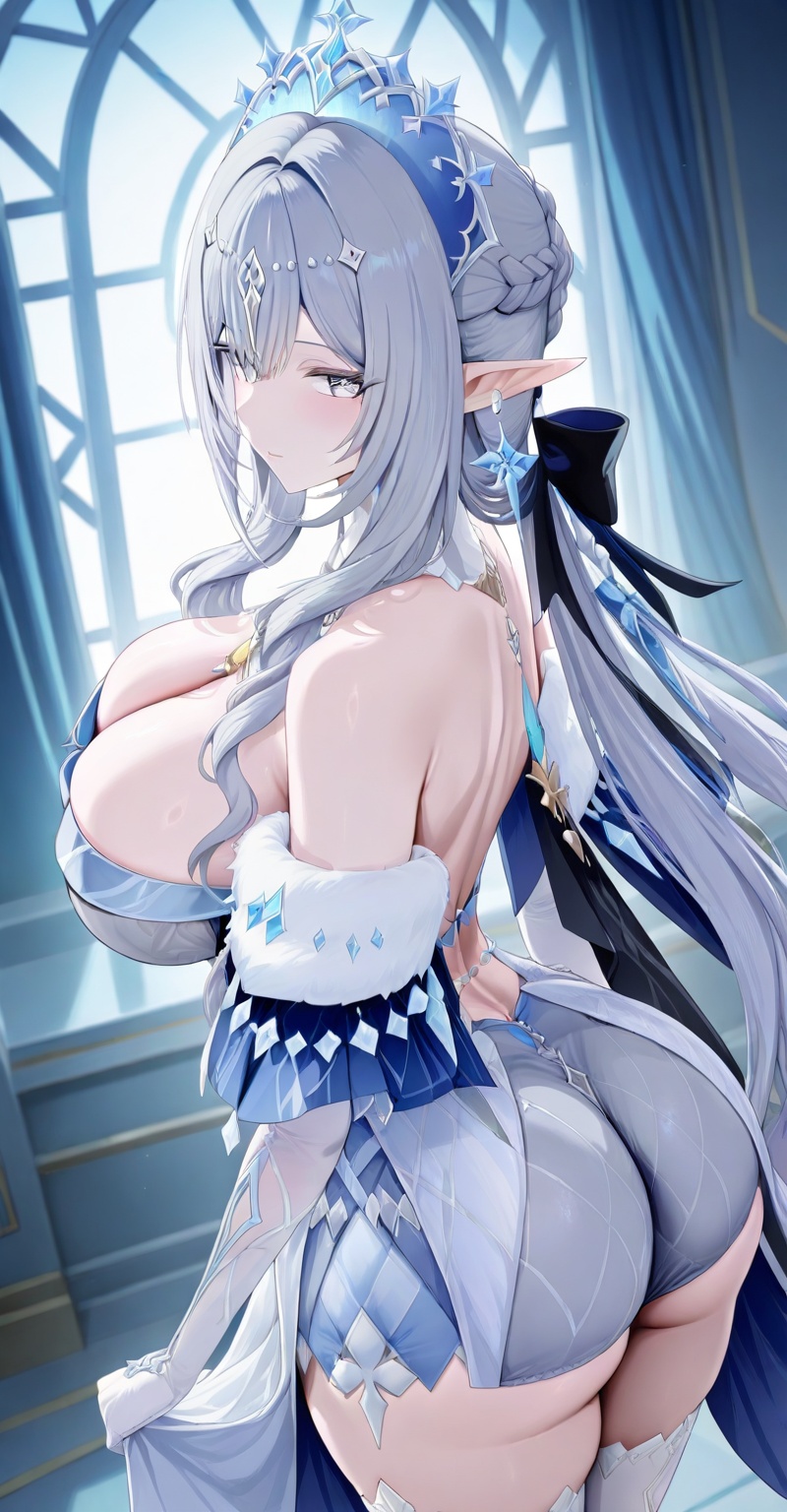 1girl solo long hair breasts Skirt looking back bangs Symbol shaped eyes blue eyes large breasts hair ornament dress cleav...