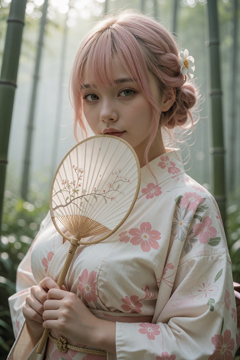 Photorealistic medium shot portrait of a japanese girl in a misty bamboo forest,  framed from the waist up,  with soft pas...