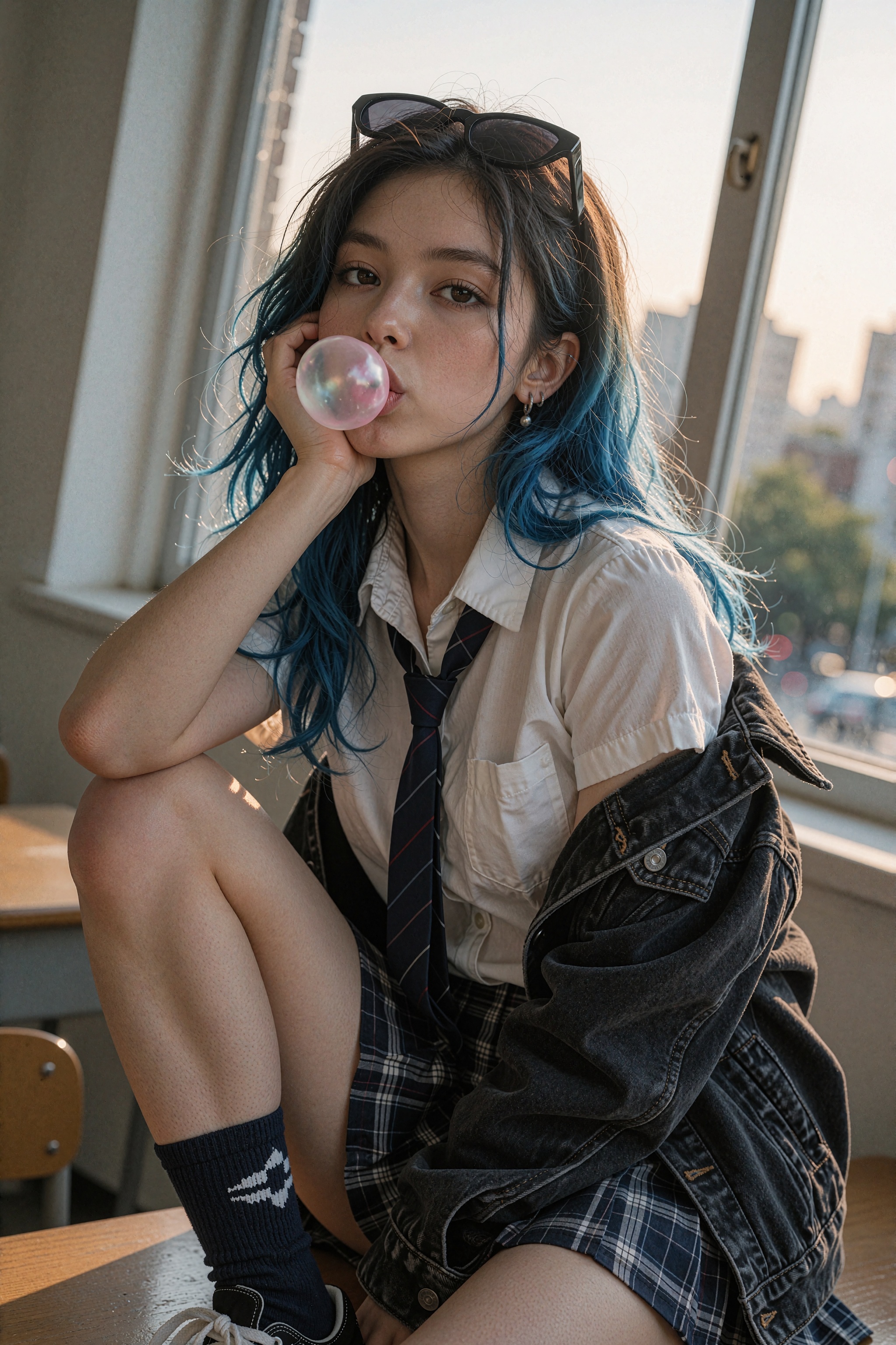 Photorealistic urban fashion portrait of a stylish girl sitting casually in a classroom,  resting her cheek on one hand,...