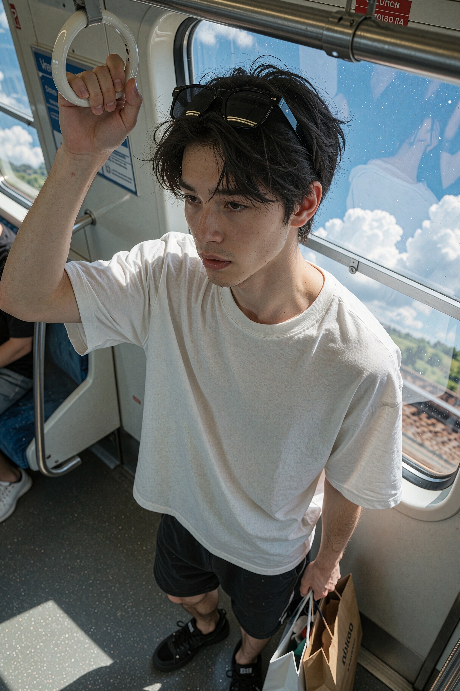Photorealistic full-body portrait of a slim young man standing inside a commuter train,  viewed from a high angle with dyn...
