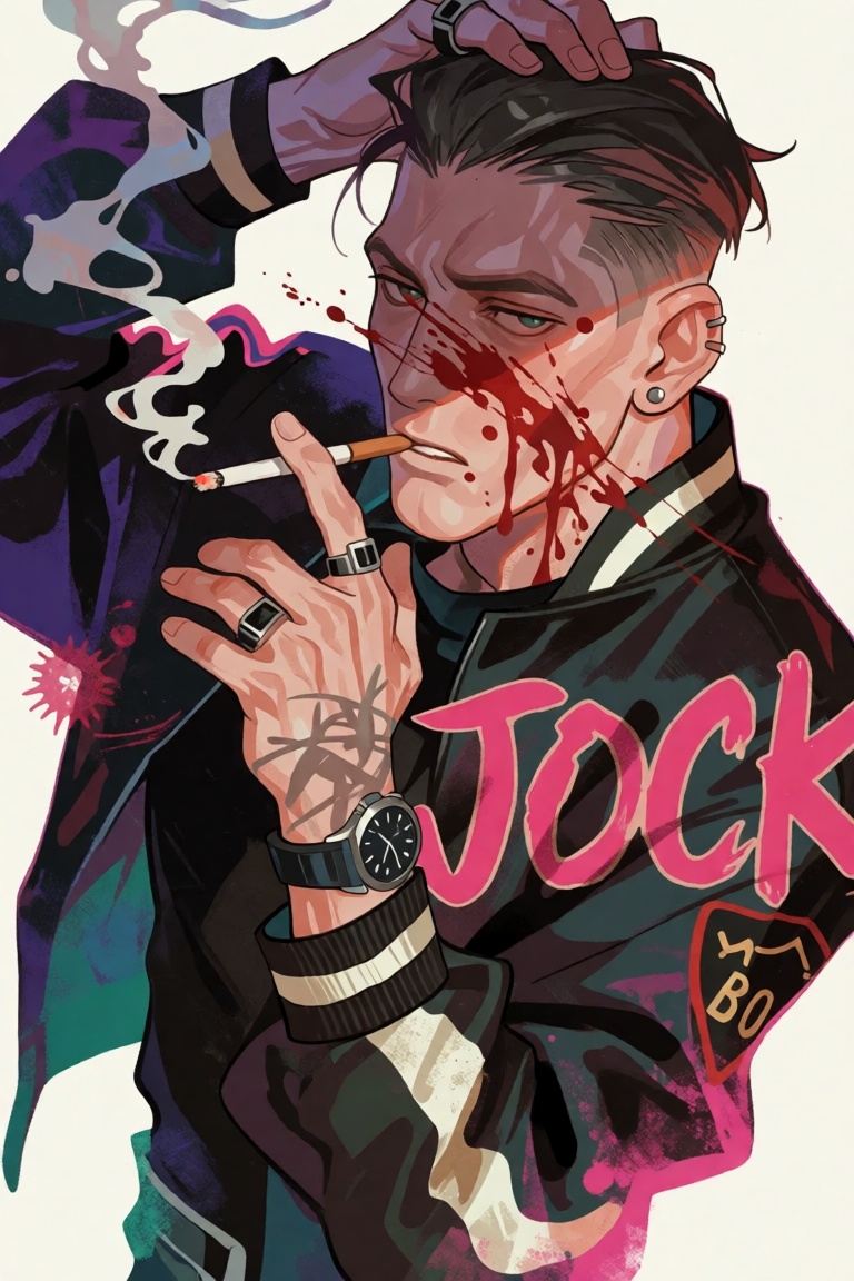 style: semi realistic anime art style,  The image depicts a stylized illustration of a man with short,  slicked back hair...