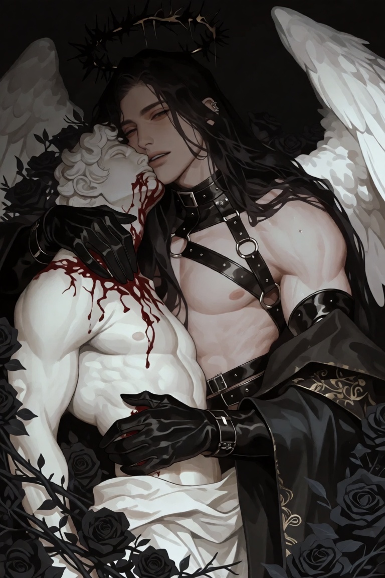 style: semi realistic anime art style,  Character: a pale skinned male fallen angel with extremely long straight black hai...