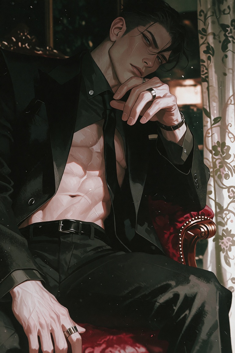 style: semi realistic anime art style,  The image depicts a man wearing a black suit jacket,  with the top part of the bod...