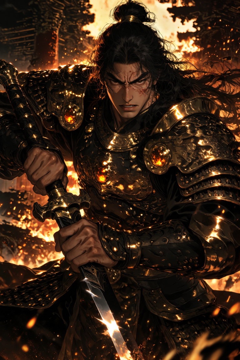 A muscular ***** East Asian man with long black hair tied into a high knot,  bronze-toned skin,  intense dark eyes on Tens...