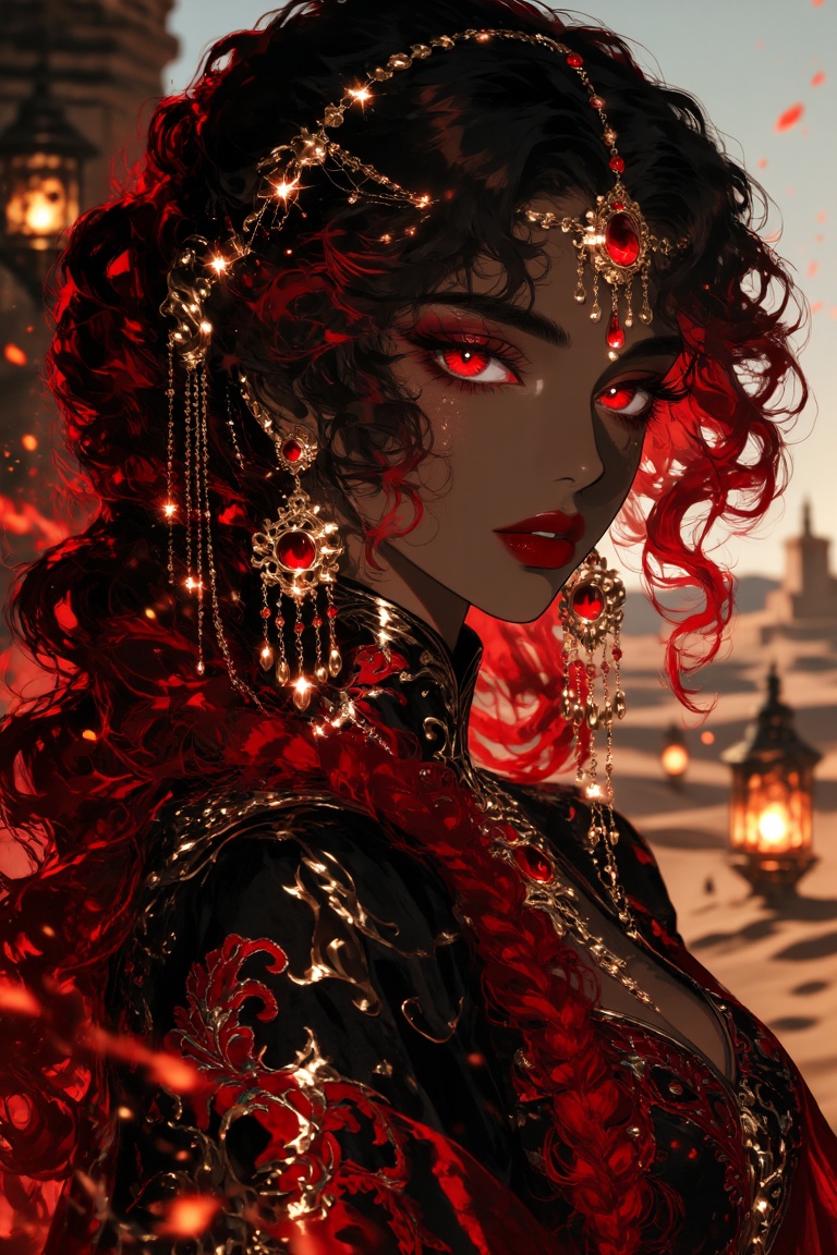 A striking ***** North African woman in a strict side profile facing right,  rich black skin,  thick dark curls transition...