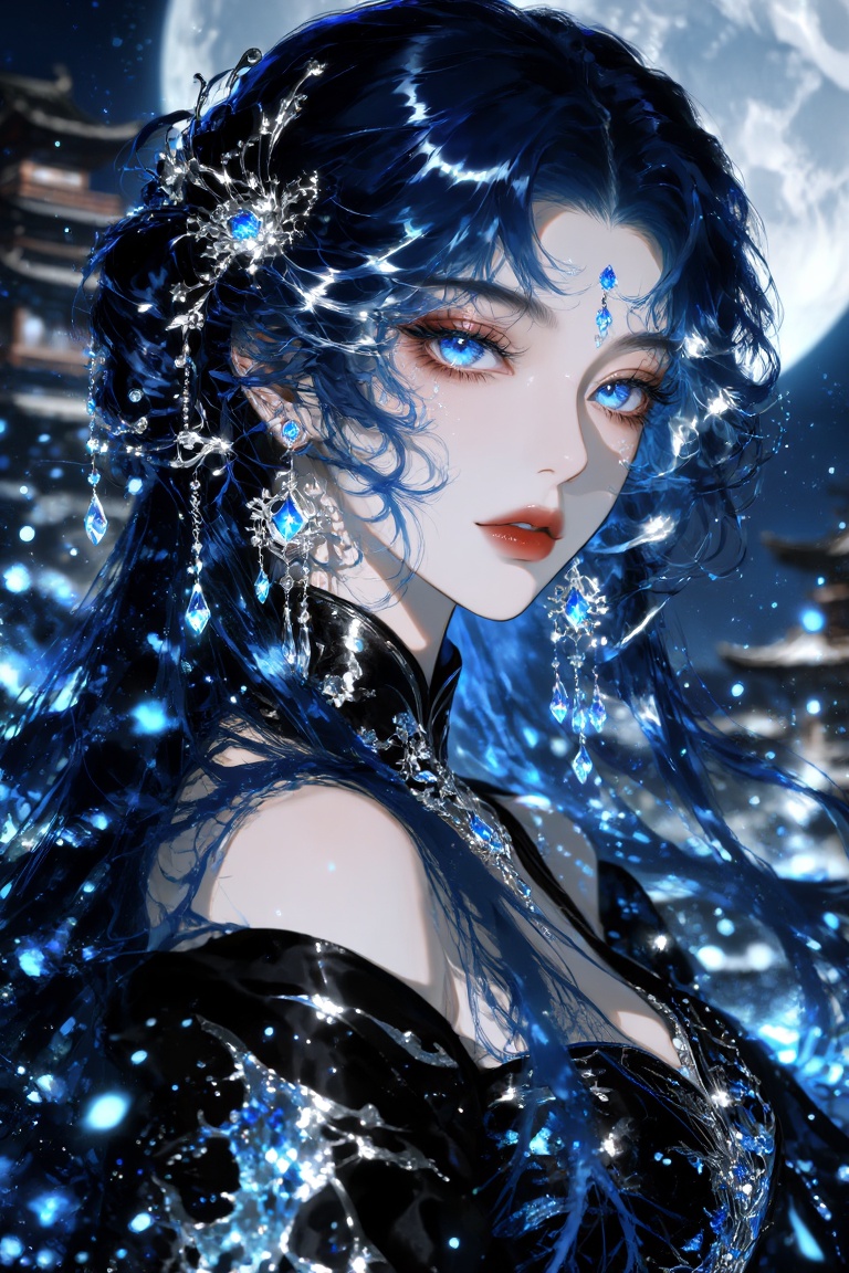 A beautiful ***** East Asian woman in a strict side profile facing right,  porcelain skin,  long midnight-blue hair with g...