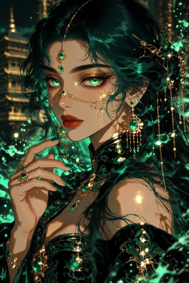 A beautiful ***** South Asian woman in a strict side profile facing left,  warm golden-brown skin,  long flowing emerald-g...