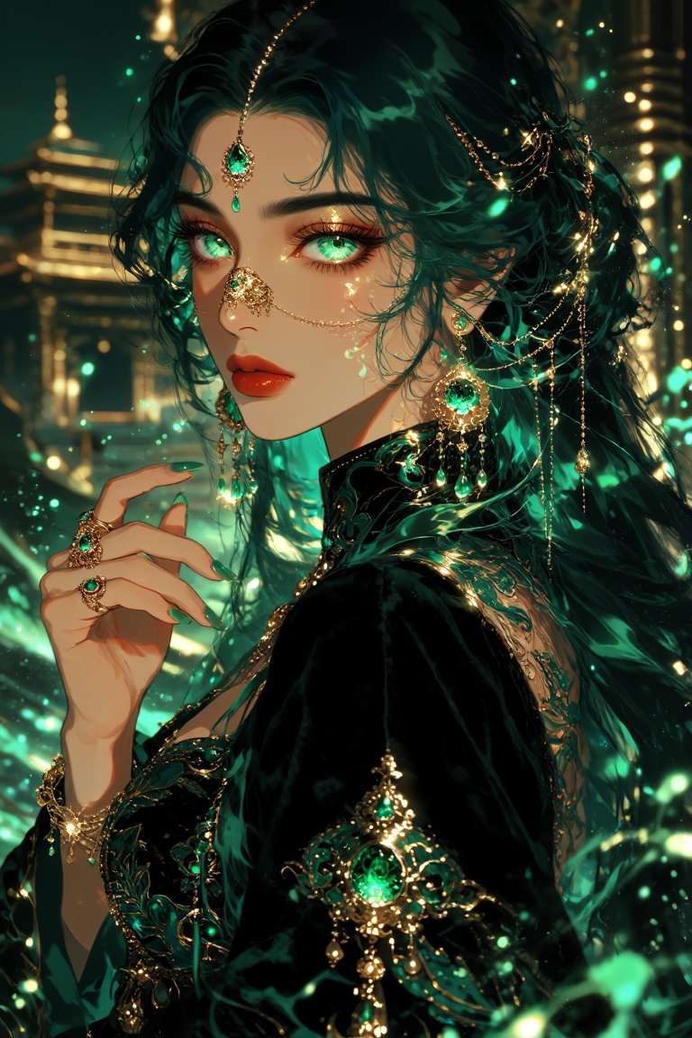 A beautiful ***** South Asian woman in a strict side profile facing left,  warm golden-brown skin,  long flowing emerald-g...