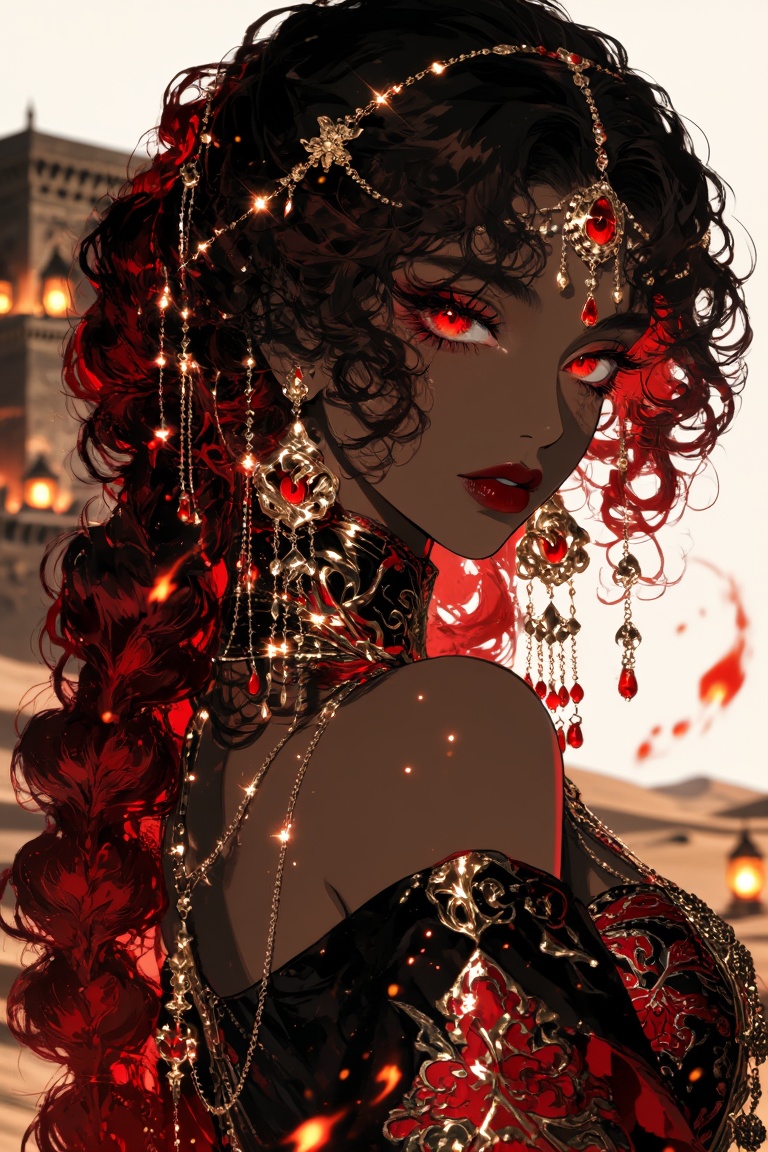 A striking ***** North African woman in a strict side profile facing right,  rich black skin,  thick dark curls transition...