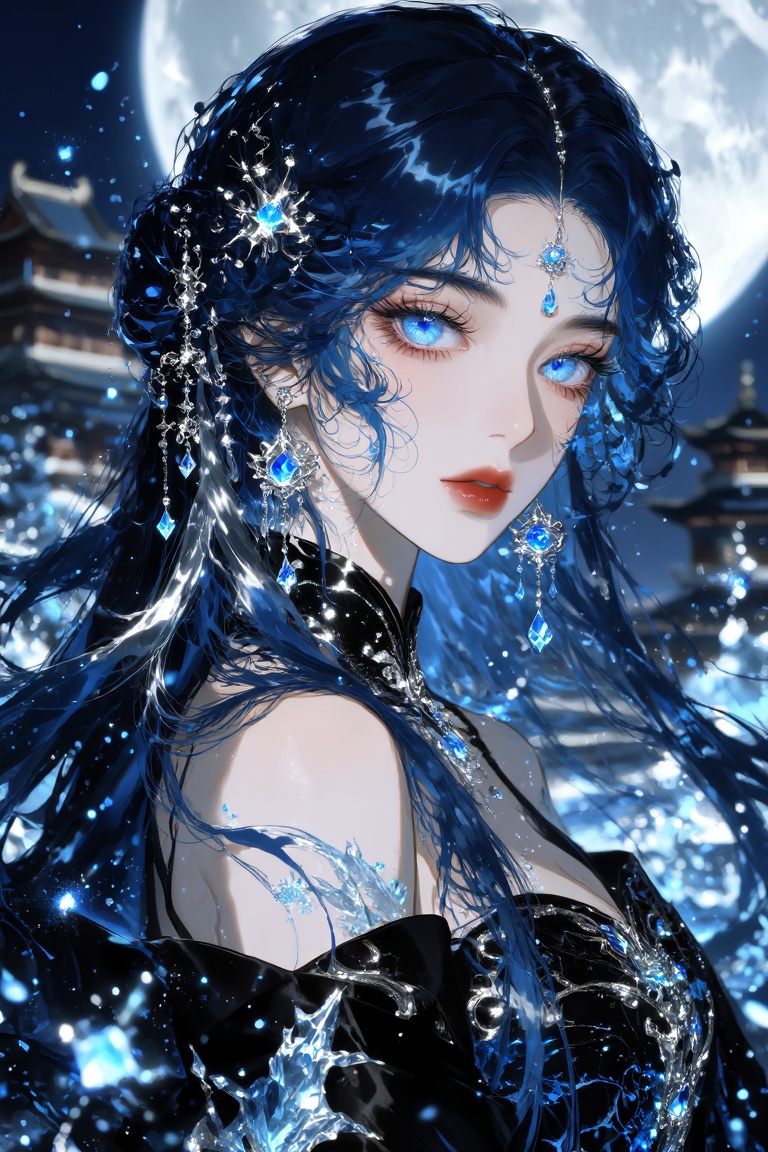 A beautiful ***** East Asian woman in a strict side profile facing right,  porcelain skin,  long midnight-blue hair with g...