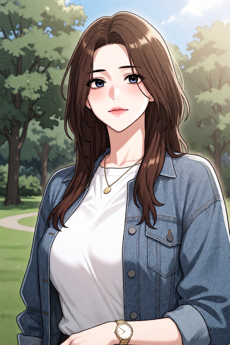 Manhwa illustration of a young woman with long,  flowing brown hair and soft blue eyes,  standing in a sunlit park in a re...