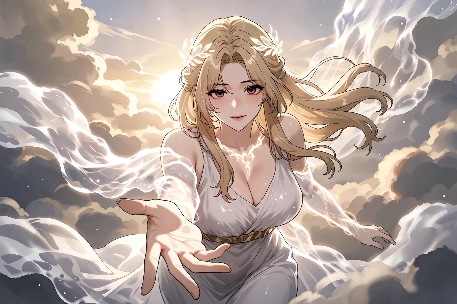 A cinematic splash art from a manhwa featuring a beautiful goddess floating within a luminous sea of clouds at sunrise,  f...
