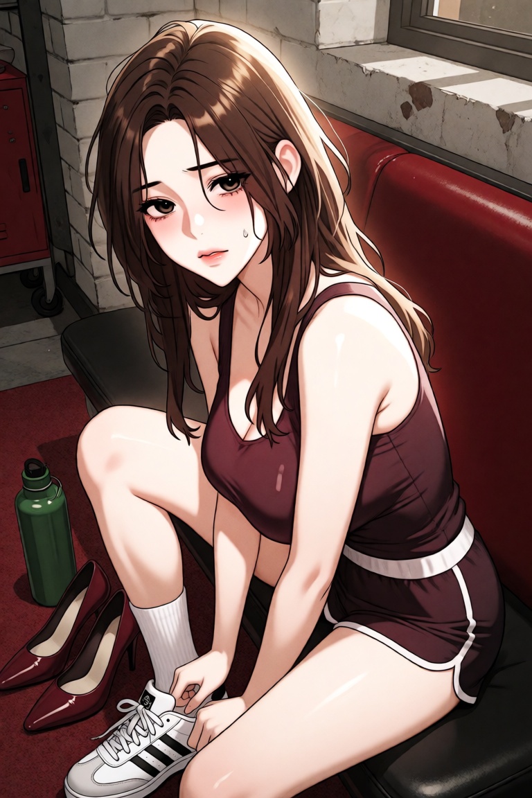 A manhwa illustration of a beautiful ***** woman seated on a padded workout bench in a gritty,  vintage-style gym locker r...