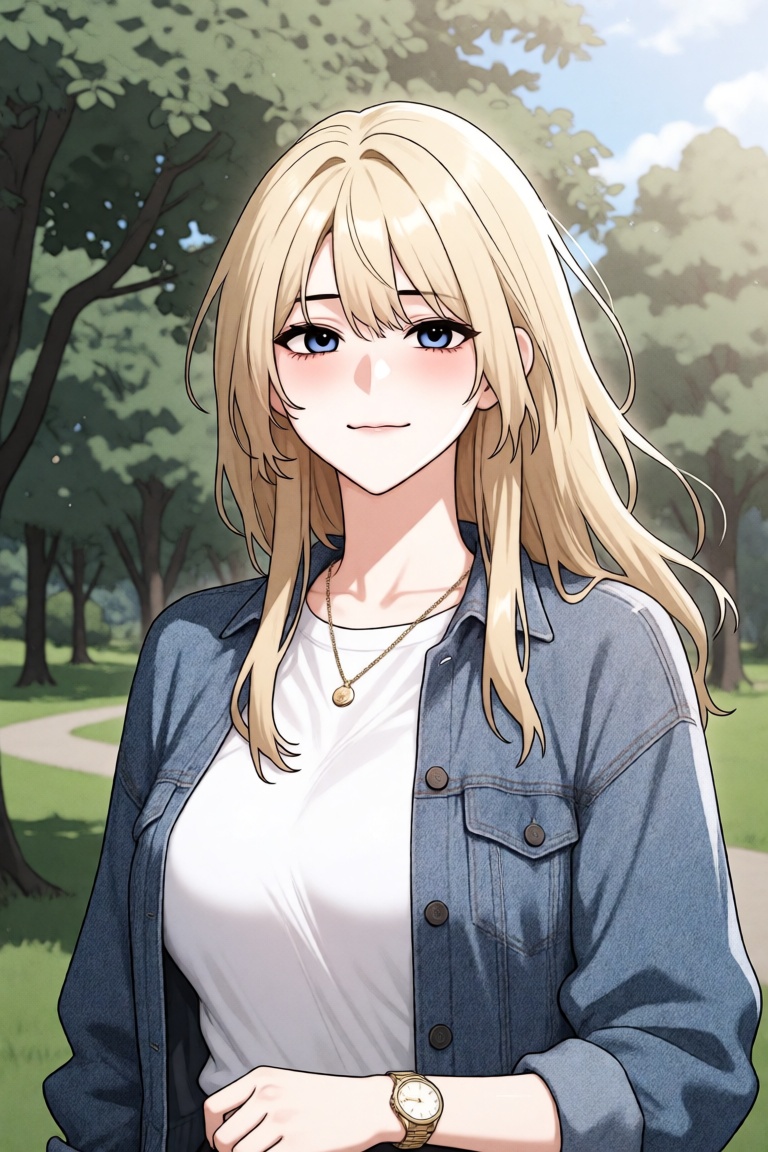 Manhwa illustration of a young woman with long,  flowing blonde hair and striking blue eyes,  standing in a sunlit park in...