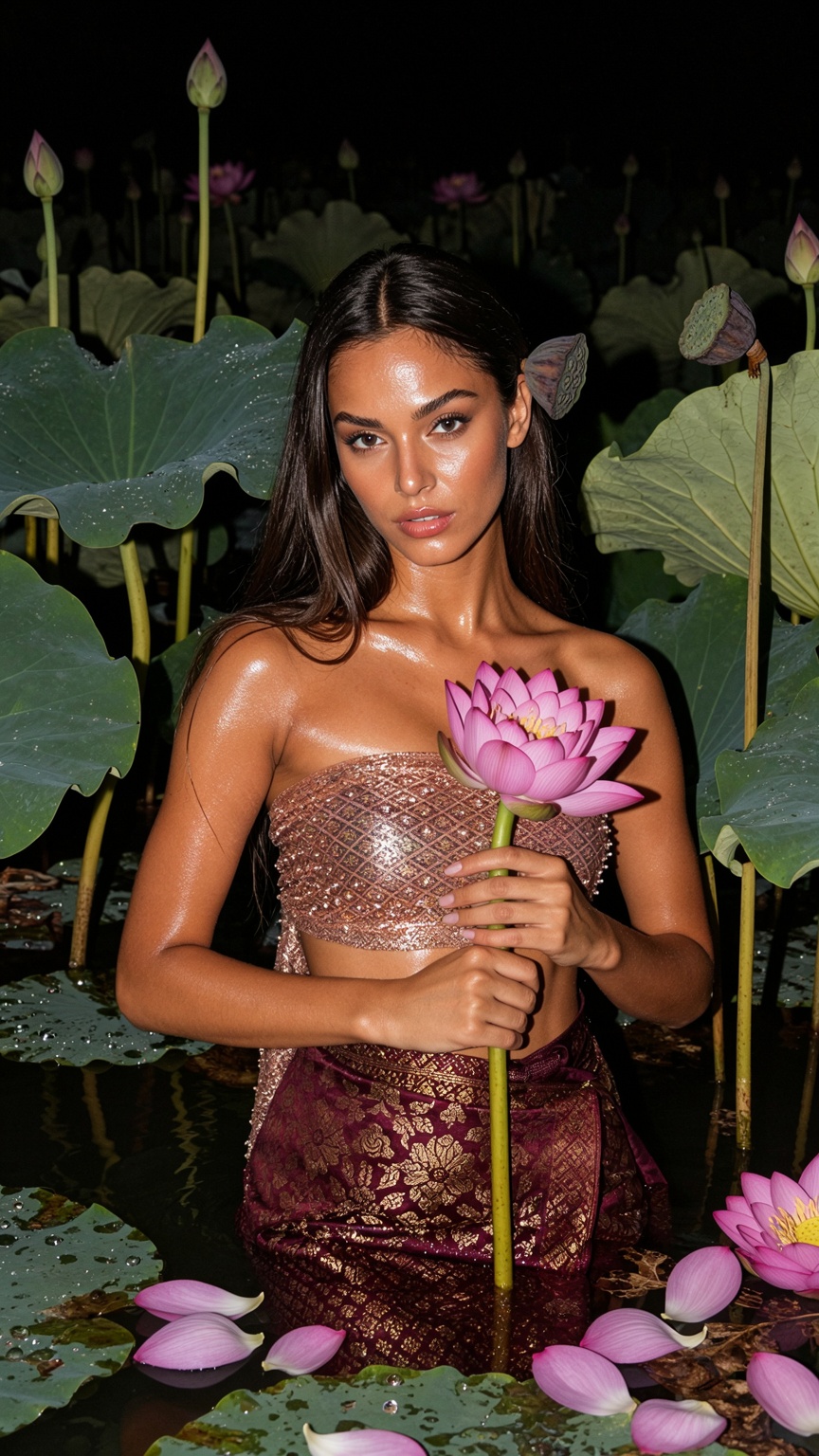 A highly detailed,  enchanting,  and sensual high-fashion editorial photograph of a stunning Southeast Asian woman standin...