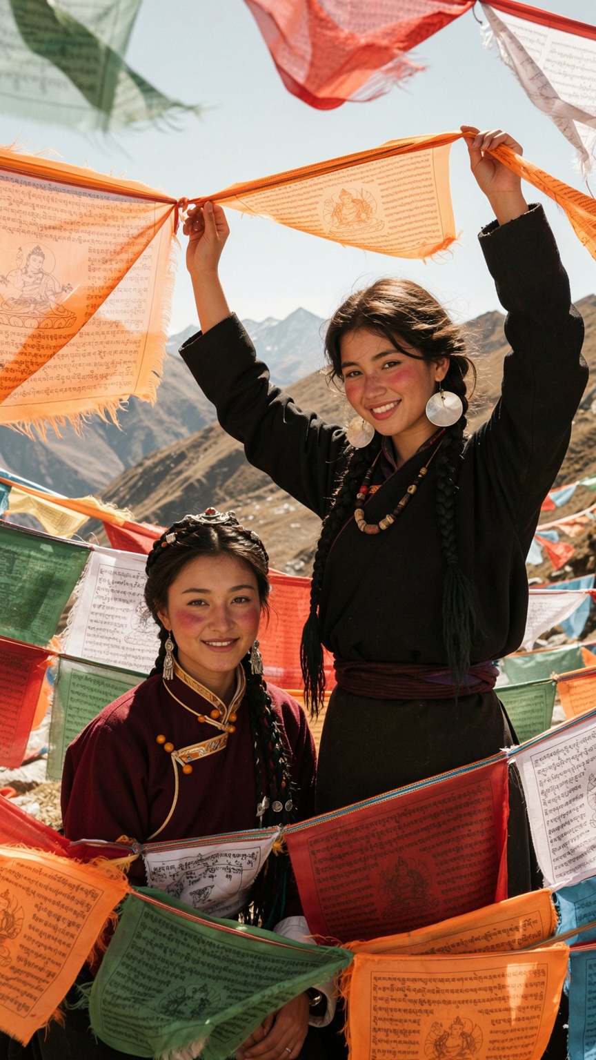 A highly detailed,  culturally authentic,  and heartwarming portrait photograph of two young Tibetan women surrounded by f...