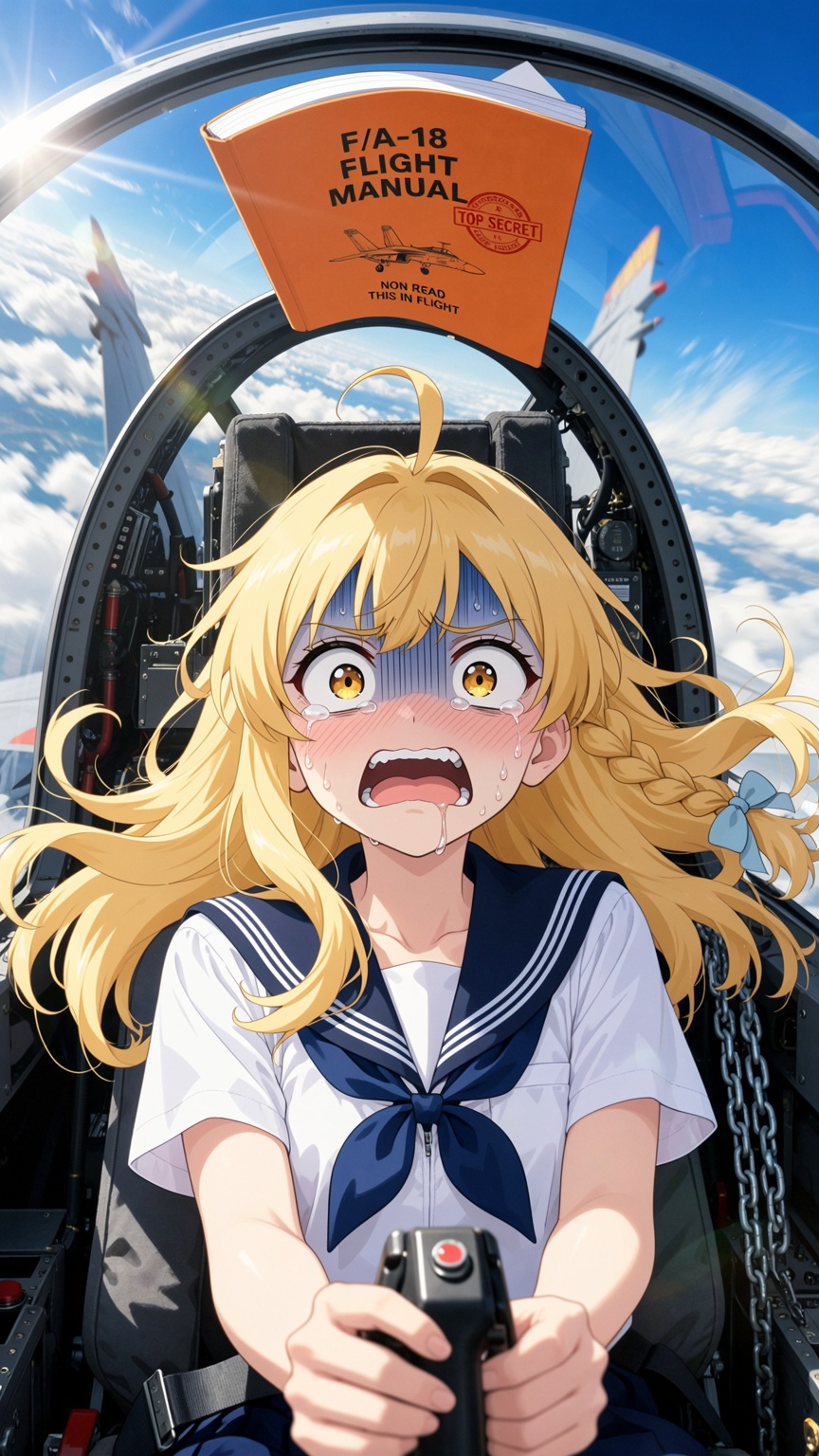 A highly detailed,  vibrant,  and hilarious anime digital illustration of a terrified blonde schoolgirl attempting to pilo...