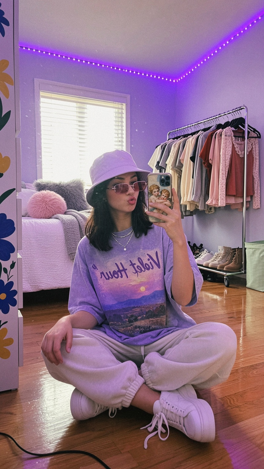 A candid smartphone mirror selfie of a young woman sitting cross-legged on a glossy honey-toned hardwood floor in a dreamy...