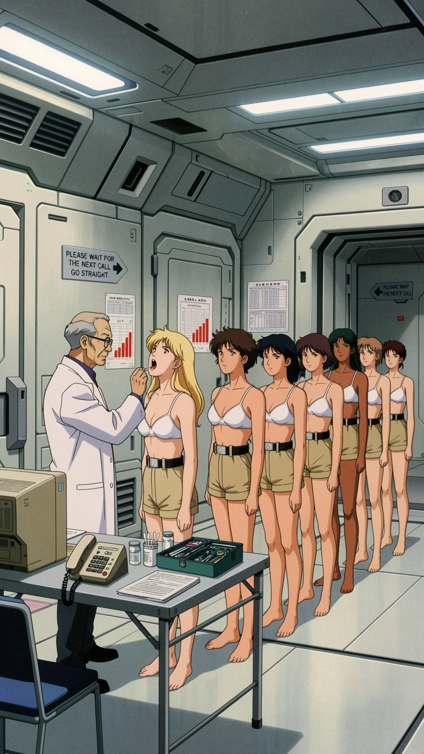 A highly detailed,  nostalgic 1990s retro sci-fi anime cel illustration of a clinical medical examination of space-cadet r...
