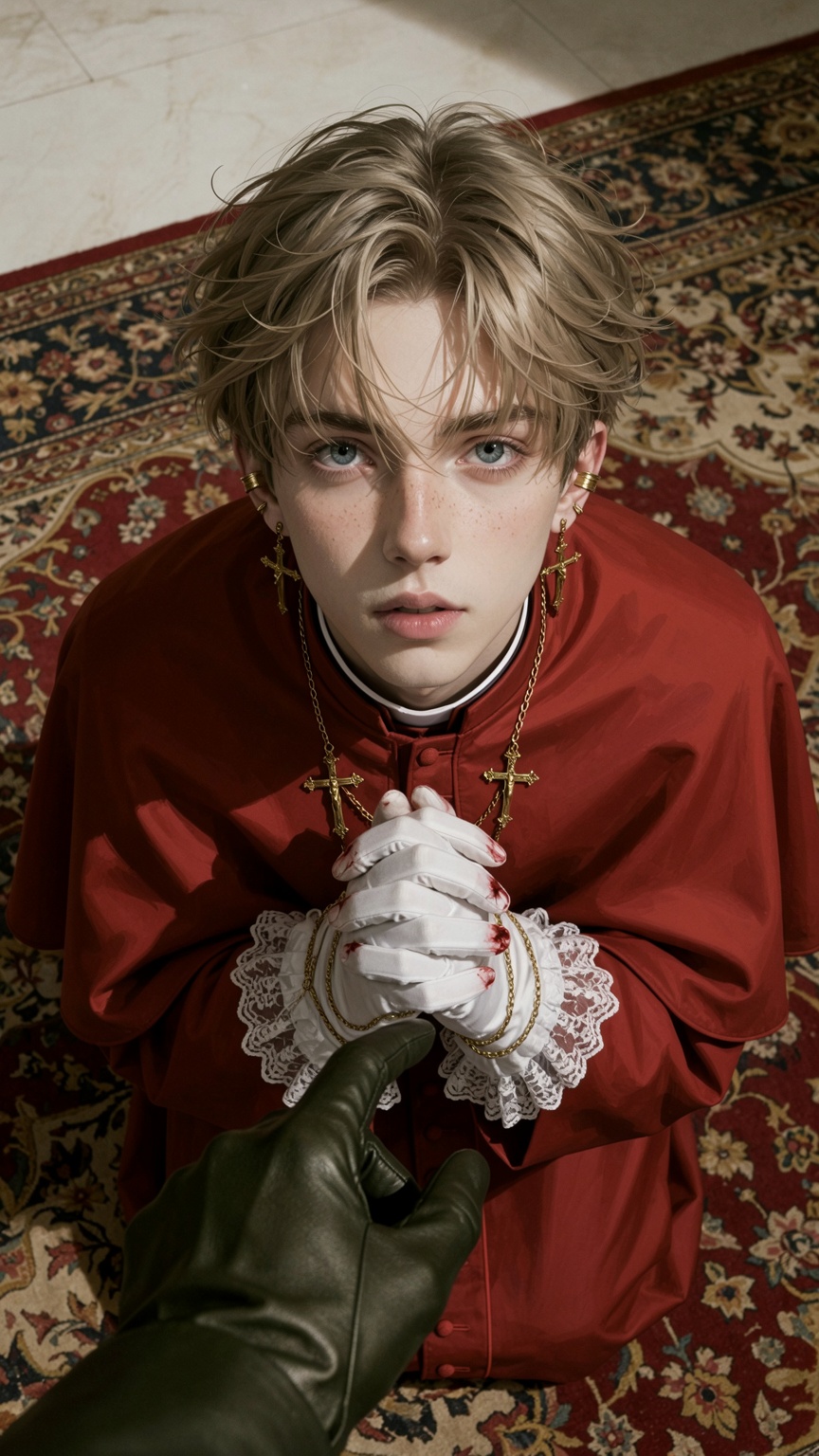 A highly detailed,  hauntingly beautiful digital oil painting illustration of a vulnerable young blonde cleric kneeling in...