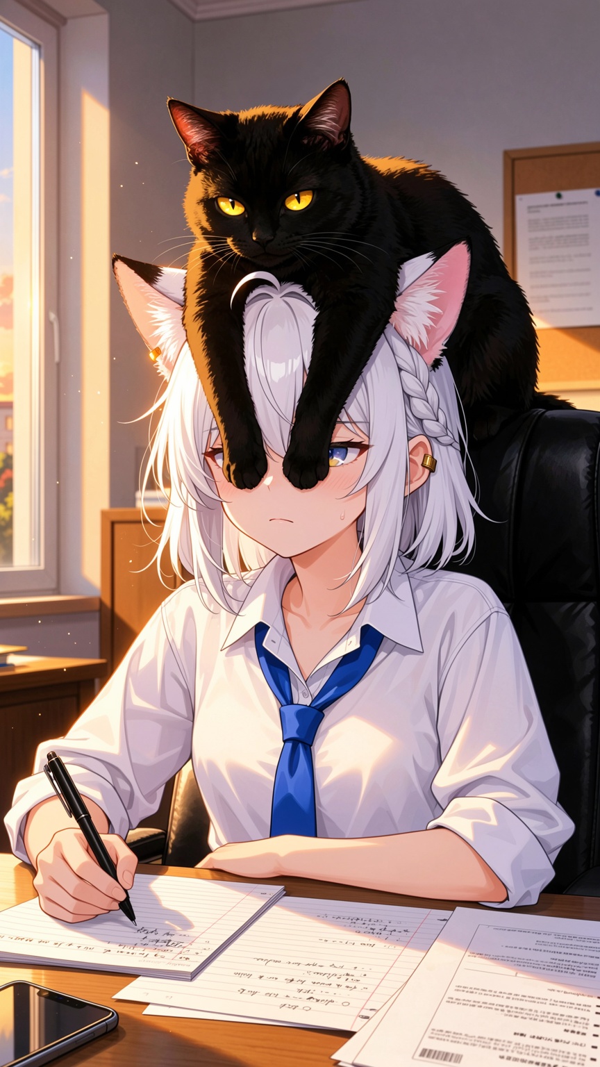 A highly detailed,  charming,  and humorous anime digital illustration of a white-haired catgirl trying to write notes whi...