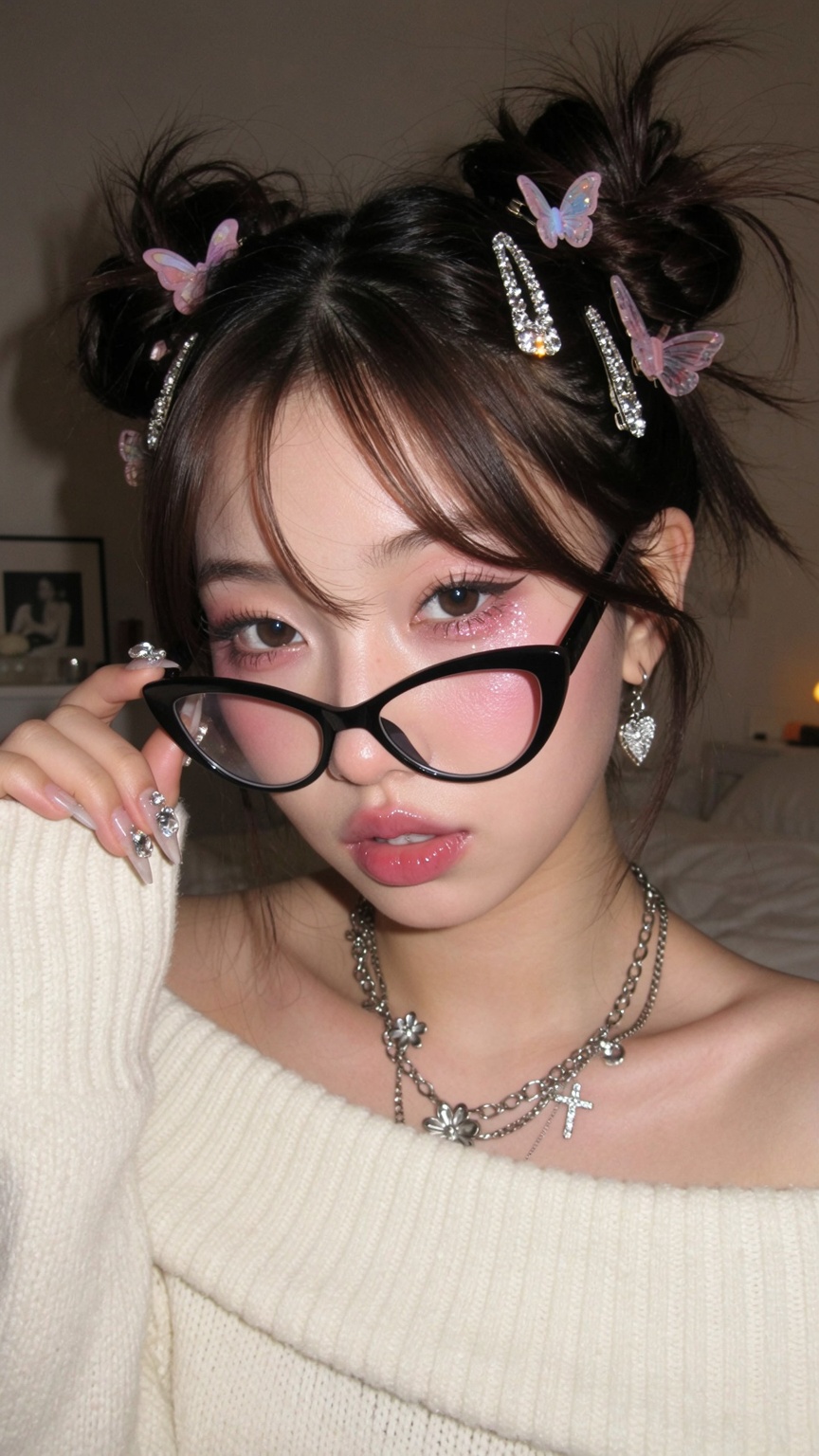 A highly detailed,  trendy,  and intimate aesthetic portrait photograph of a young East Asian woman rocking a Y2K "geek-ch...
