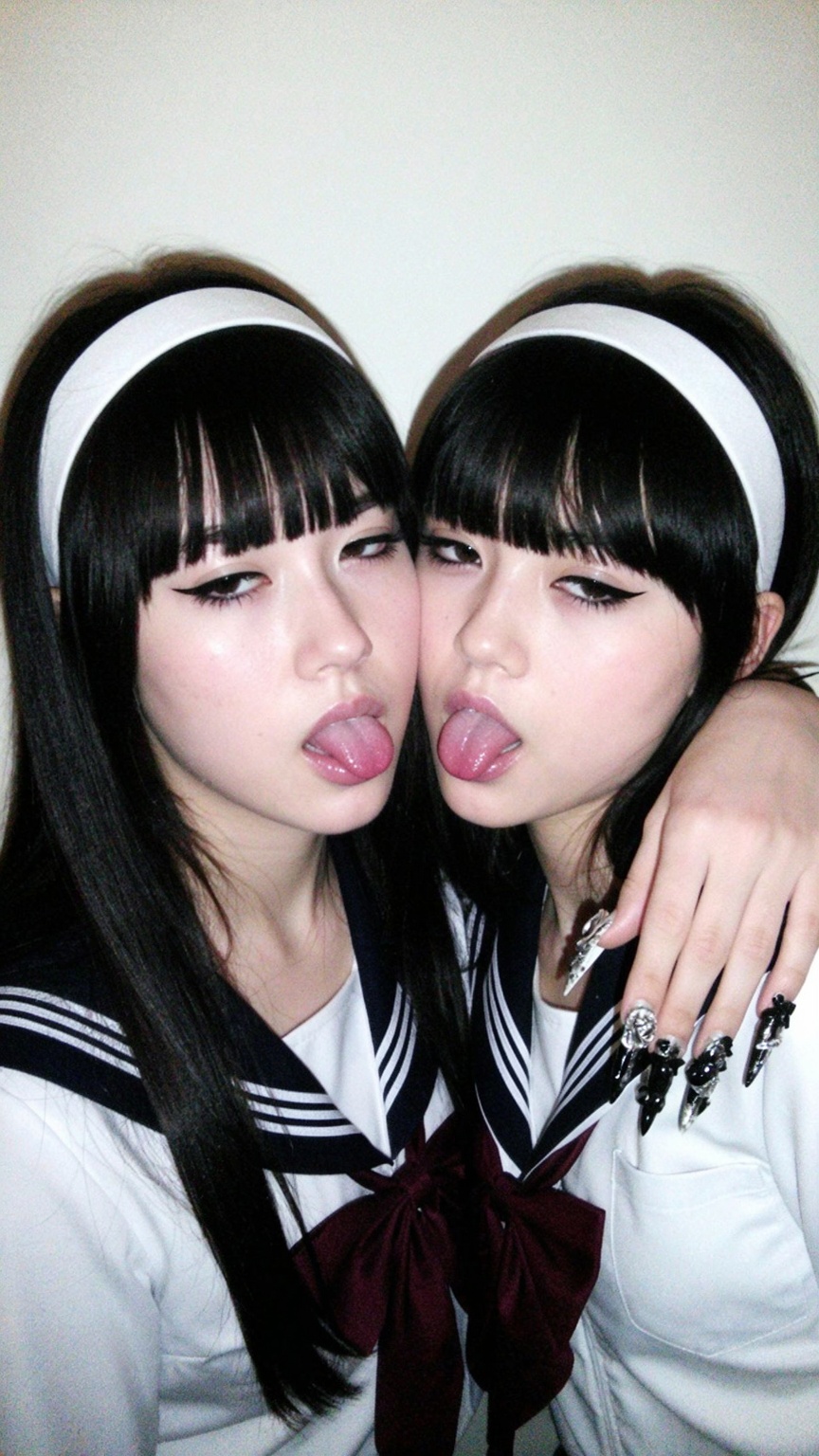 A candid indoor snapshot of two young East Asian women in matching sailor school uniforms posing cheek-to-cheek against a...