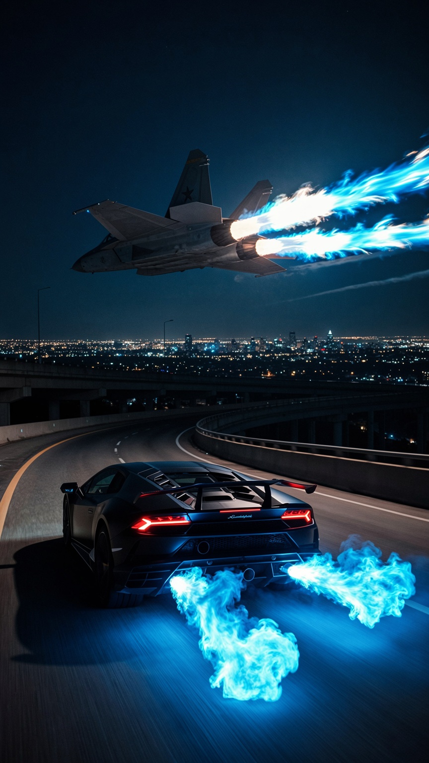 A highly detailed,  **********-fueled,  and cinematic night action photograph of a black supercar speeding down an empty c...