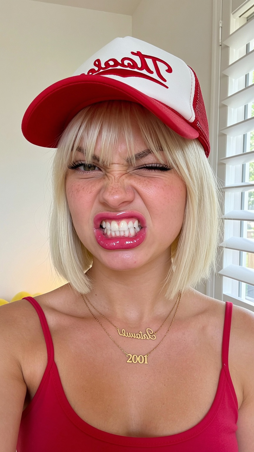 A highly detailed,  playful,  and vibrant portrait photograph of a blonde young woman pulling a cheeky snarl face while we...