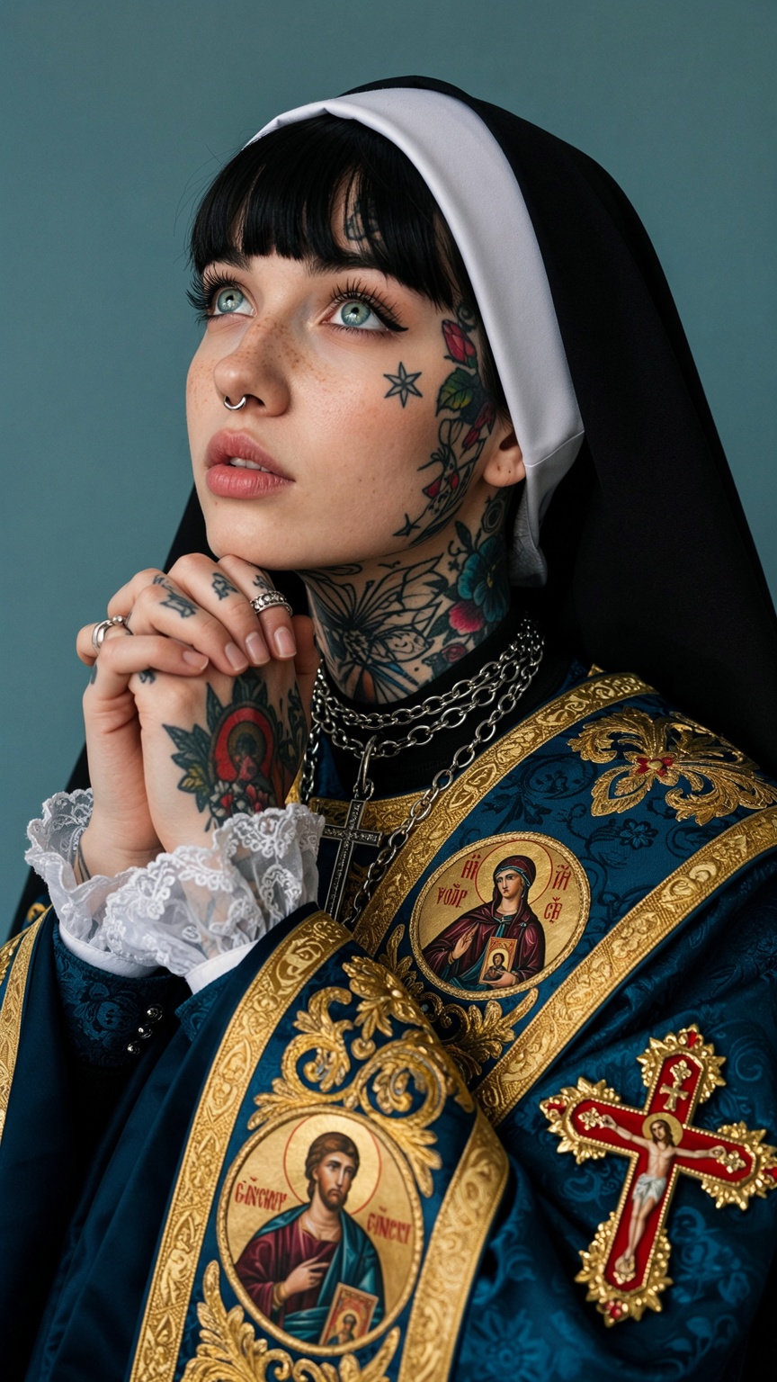 A highly detailed,  provocative,  and opulent high-fashion editorial portrait of a heavily tattooed young woman styled as...