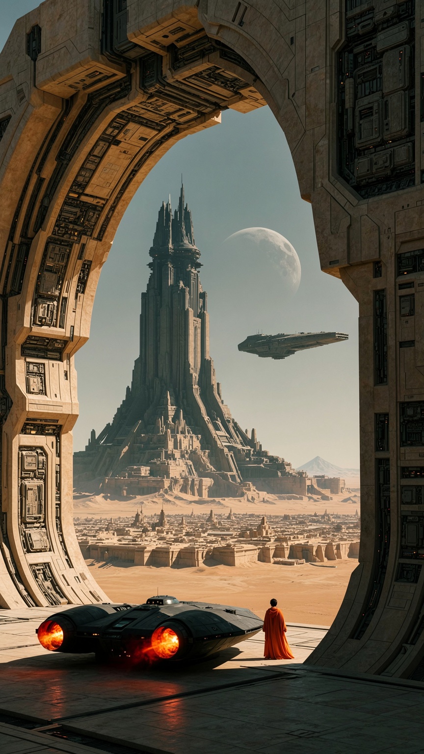 A highly detailed,  epic,  and cinematic science-fiction concept art photograph depicting a lone traveler beside a starshi...