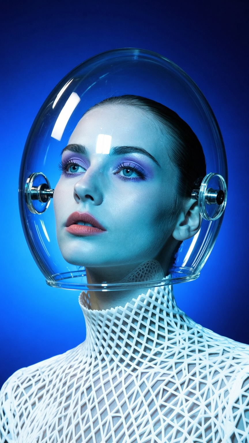 A highly detailed,  avant-garde,  and retro-futuristic high-fashion beauty portrait of a woman wearing an egg-shaped trans...