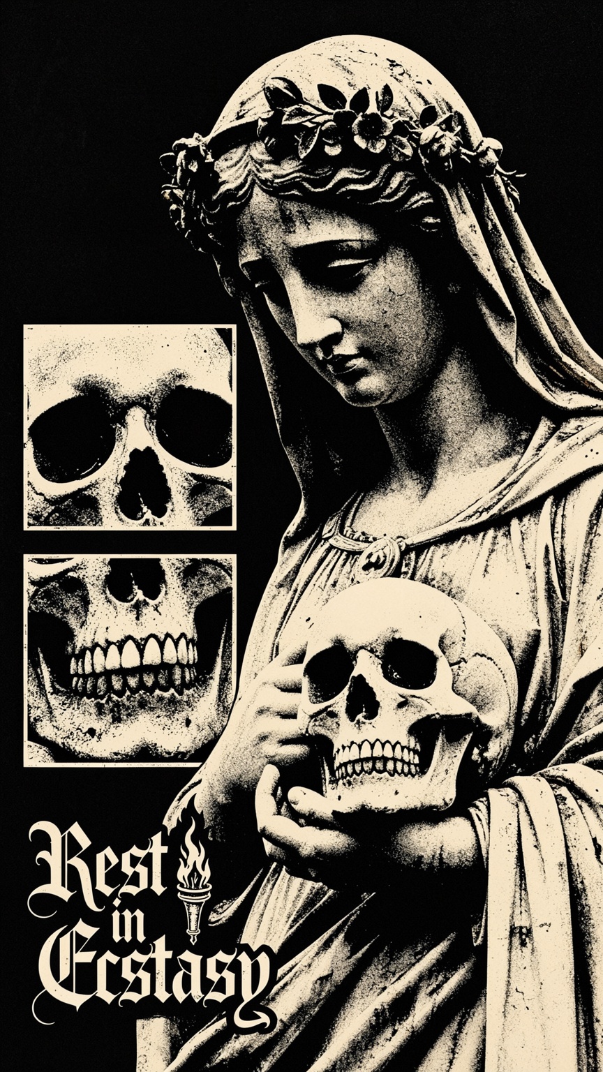 A highly detailed,  gritty graphic design artwork and screenprint poster of a classical mourning statue holding a skull,...