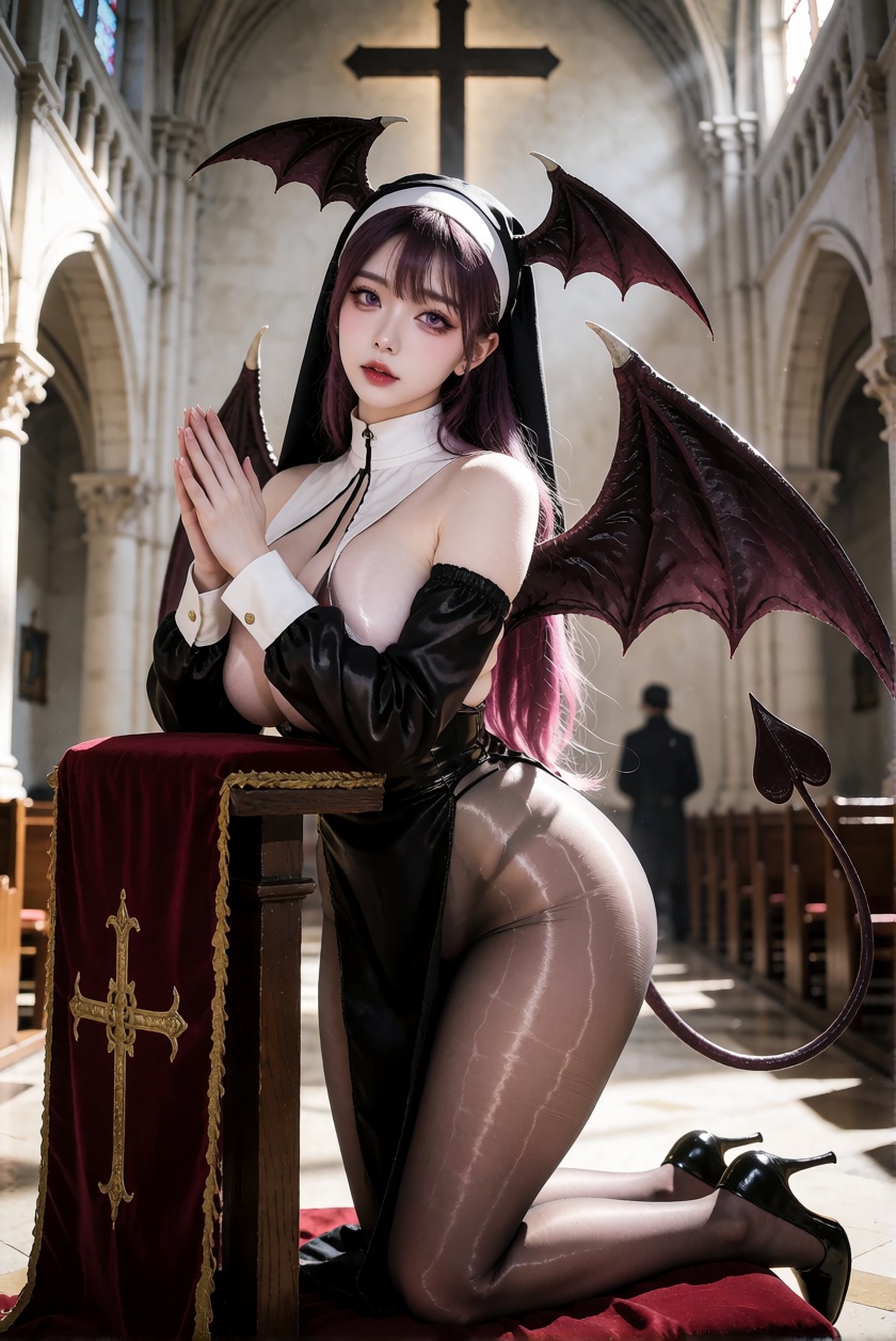 8K UHD striking portrait photograph of a succubus with purple pink eyes and juicy red lips,  wearing a sheer nun gown,  sm...