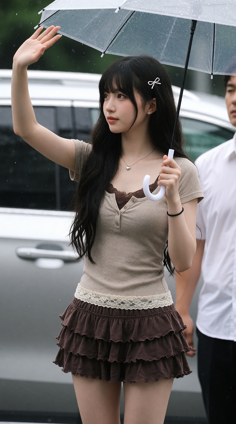 A candid telephoto street photograph of a young East Asian woman in her early twenties on a rainy day,  waving as she arri...