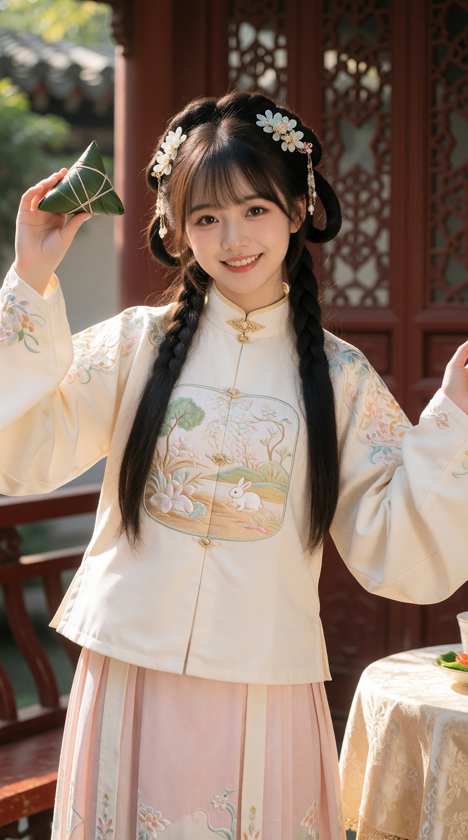 A bright,  cheerful portrait of a sweet young Chinese woman in her early twenties wearing Ming-style hanfu,  celebrating t...
