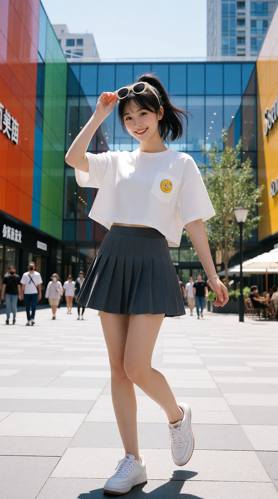 A bright,  cheerful street-style fashion photograph of a young East Asian woman in her early twenties walking through Sanl...