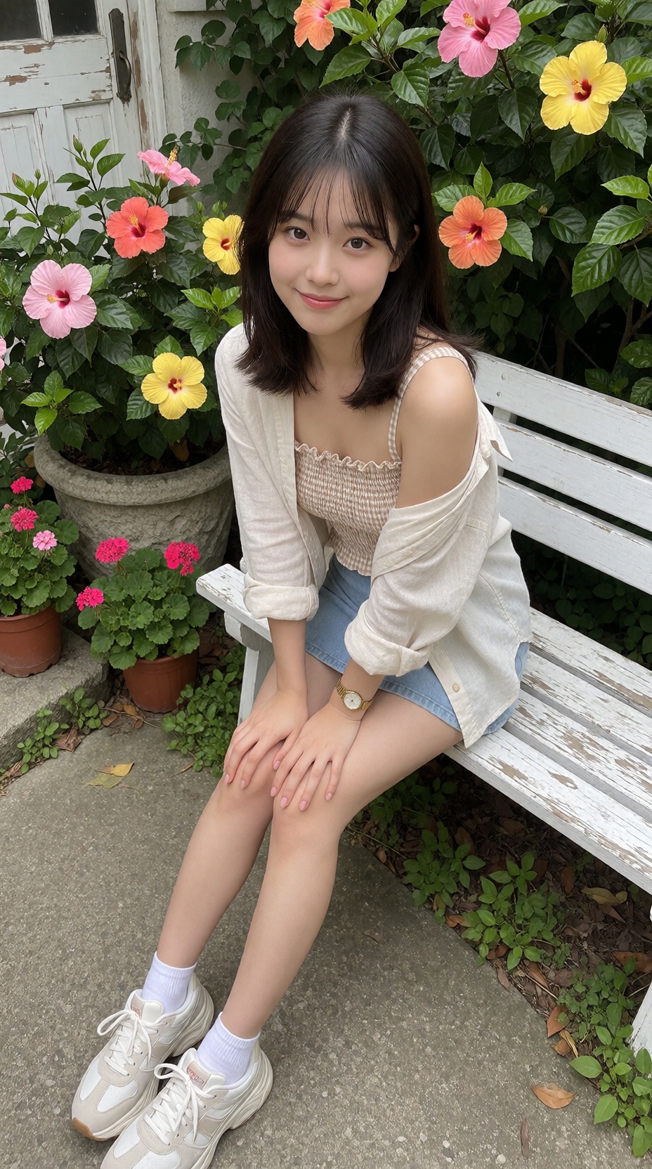 A soft,  natural lifestyle photograph of a young East Asian woman in her early twenties sitting on a white wooden bench in...