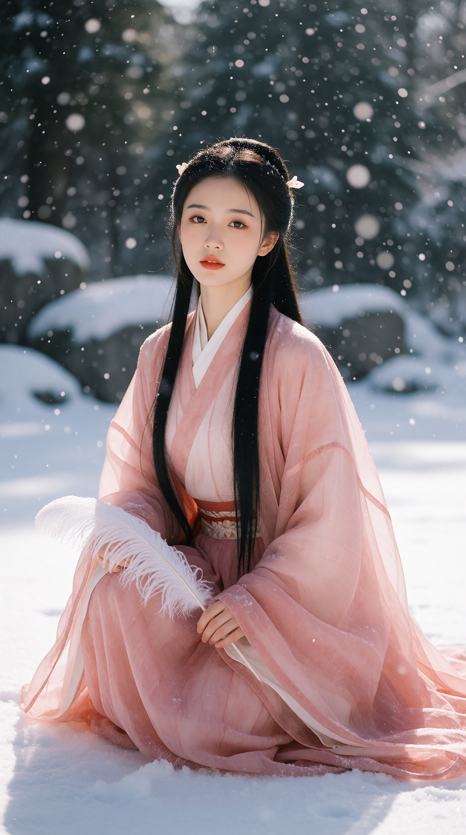 A dreamy,  cinematic portrait of a graceful young Chinese woman in her twenties in traditional hanfu,  kneeling in the sno...