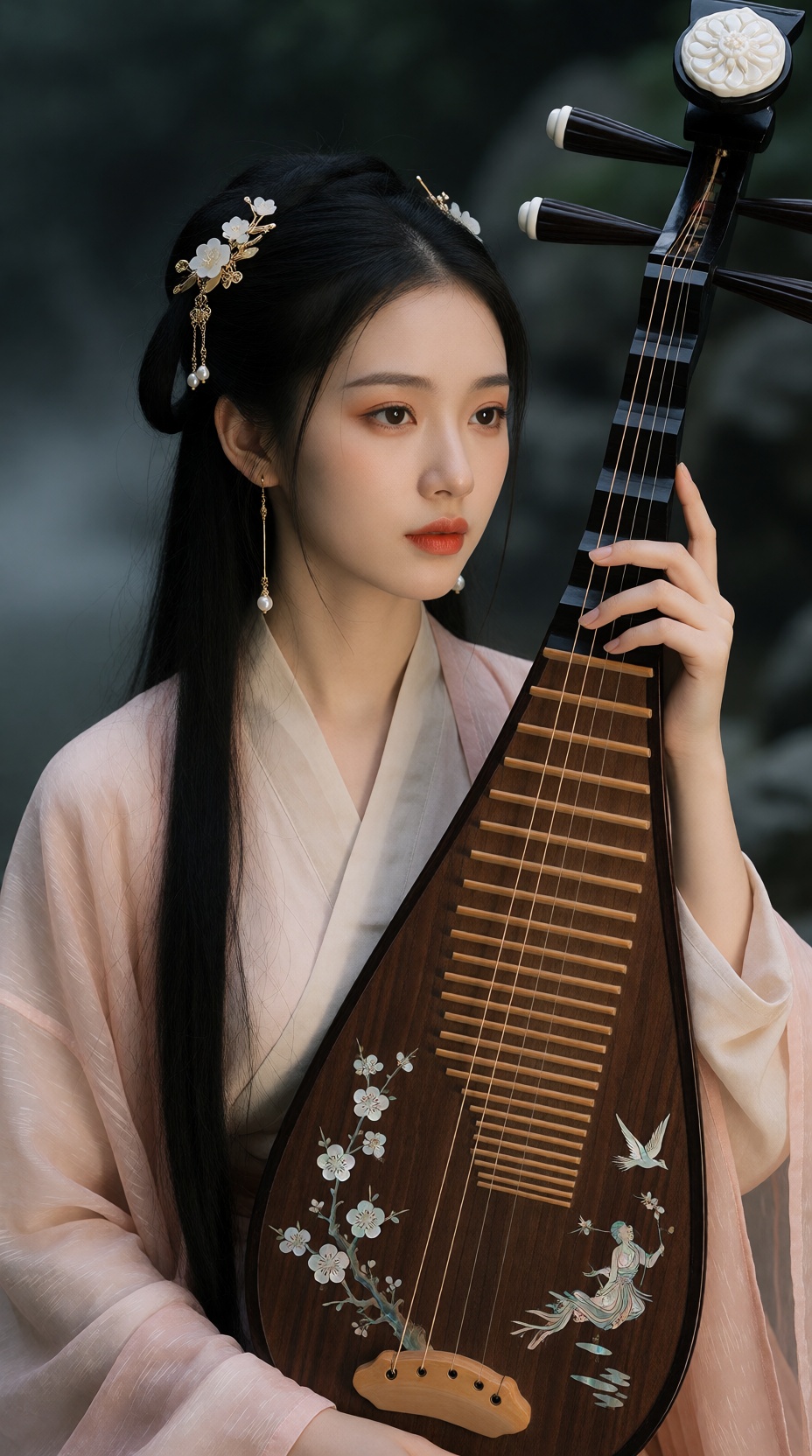 An elegant,  cinematic portrait of a graceful young Chinese woman in her twenties in traditional hanfu,  holding a pipa. S...