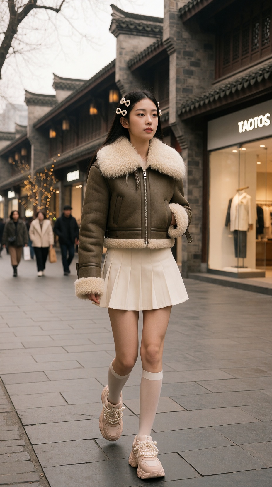 A stylish street-style fashion photograph of a young East Asian woman in her early twenties walking through the Taikoo Li...