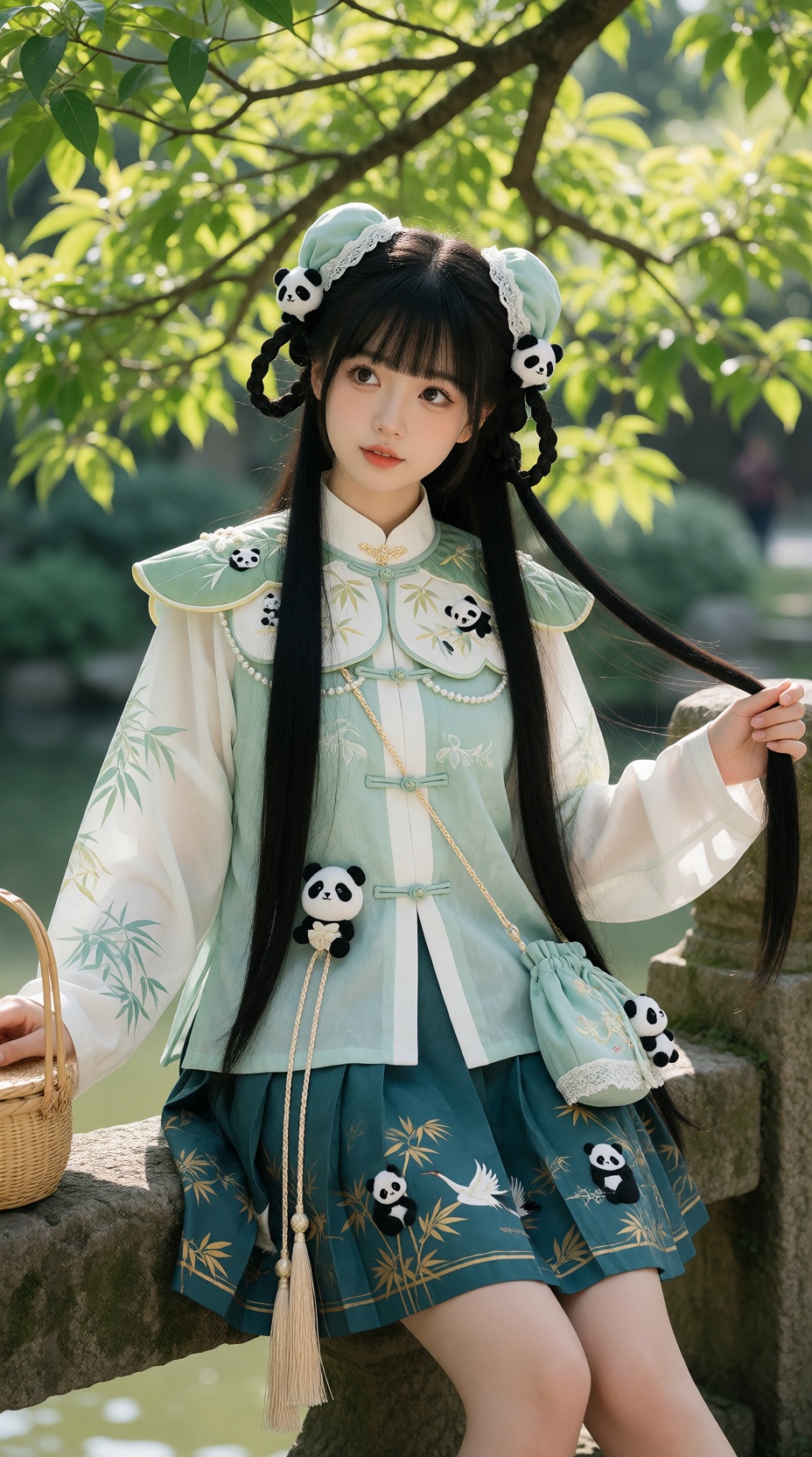 A fresh,  charming portrait of a young Chinese woman in her early twenties wearing playful panda-themed modern hanfu,  sit...