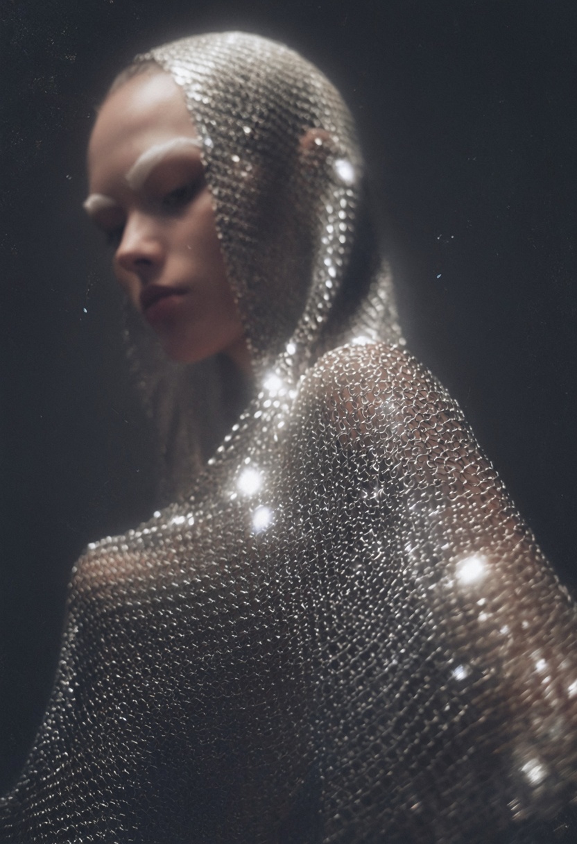 avant-garde,  high-fashion editorial portrait of a 23-year-old Caucasian model wearing an intricate,  shimmering metallic...