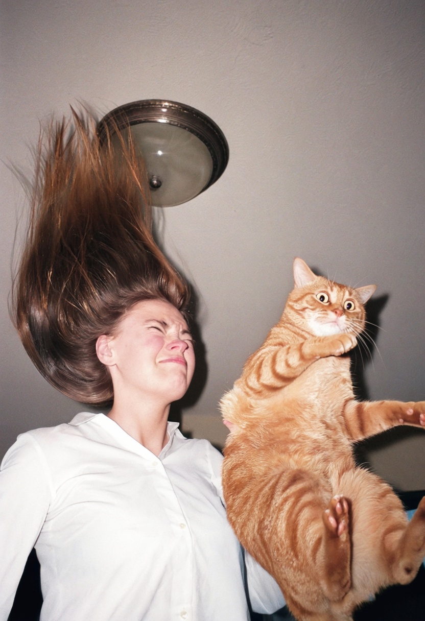 A chaotic,  humorous candid flash photograph captured from a low angle inside a room. On the left,  a young woman in a whi...
