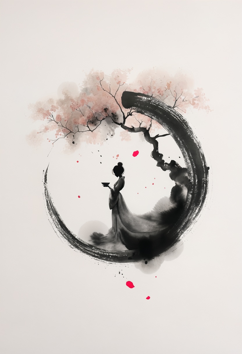 a graceful minimalist Japanese-inspired composition showing the soft silhouette of a woman in a kimono holding a small bow...