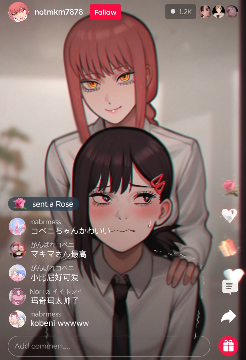 2girls,  Makima and Higashiyama Kobeni from Chainsaw Man,  shown as a TikTok live stream screenshot in vertical portrait f...