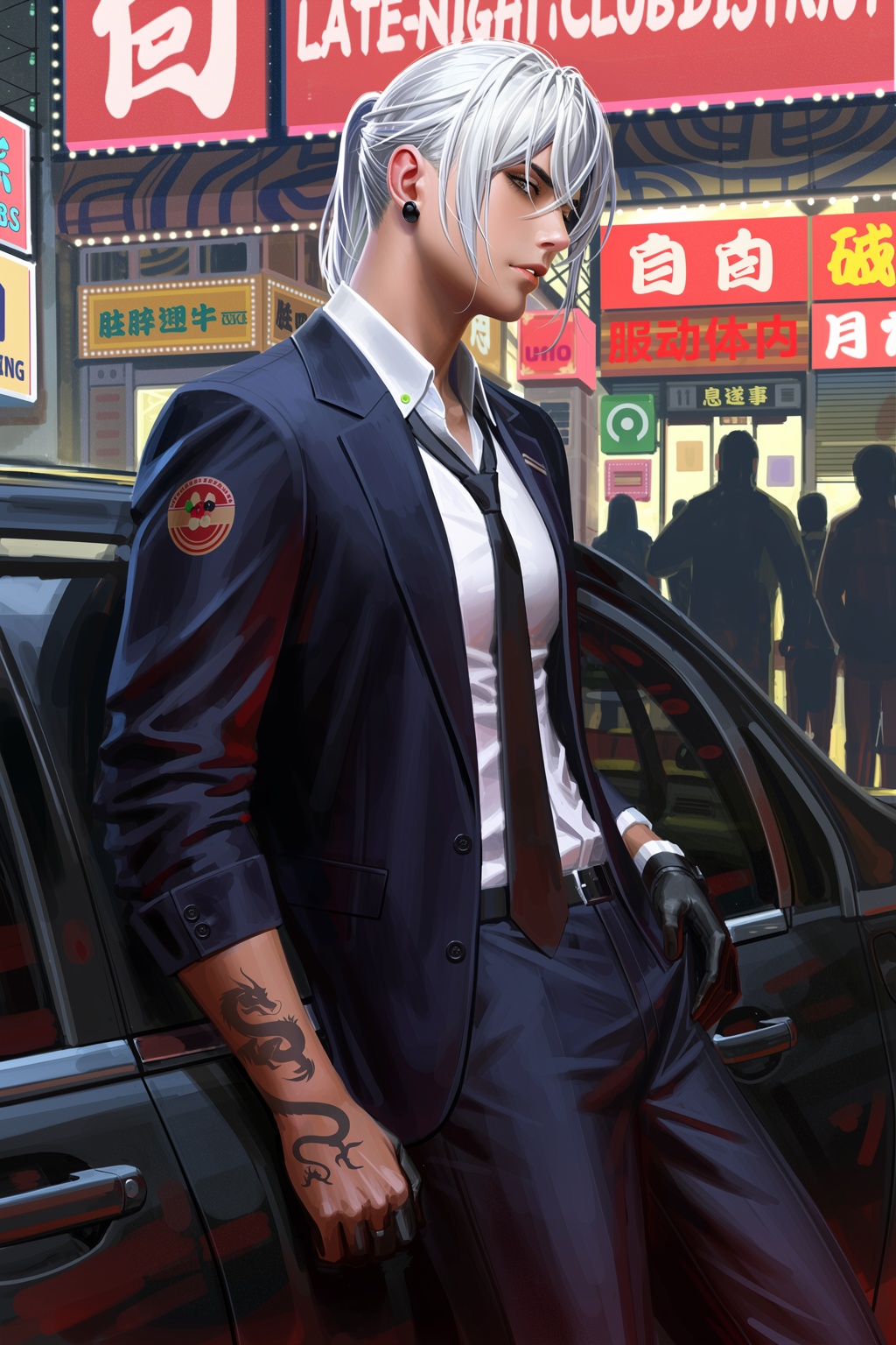 @guweiz,  A dramatic street scene features a young male enforcer leaning against a black car outside a late-night club dis...