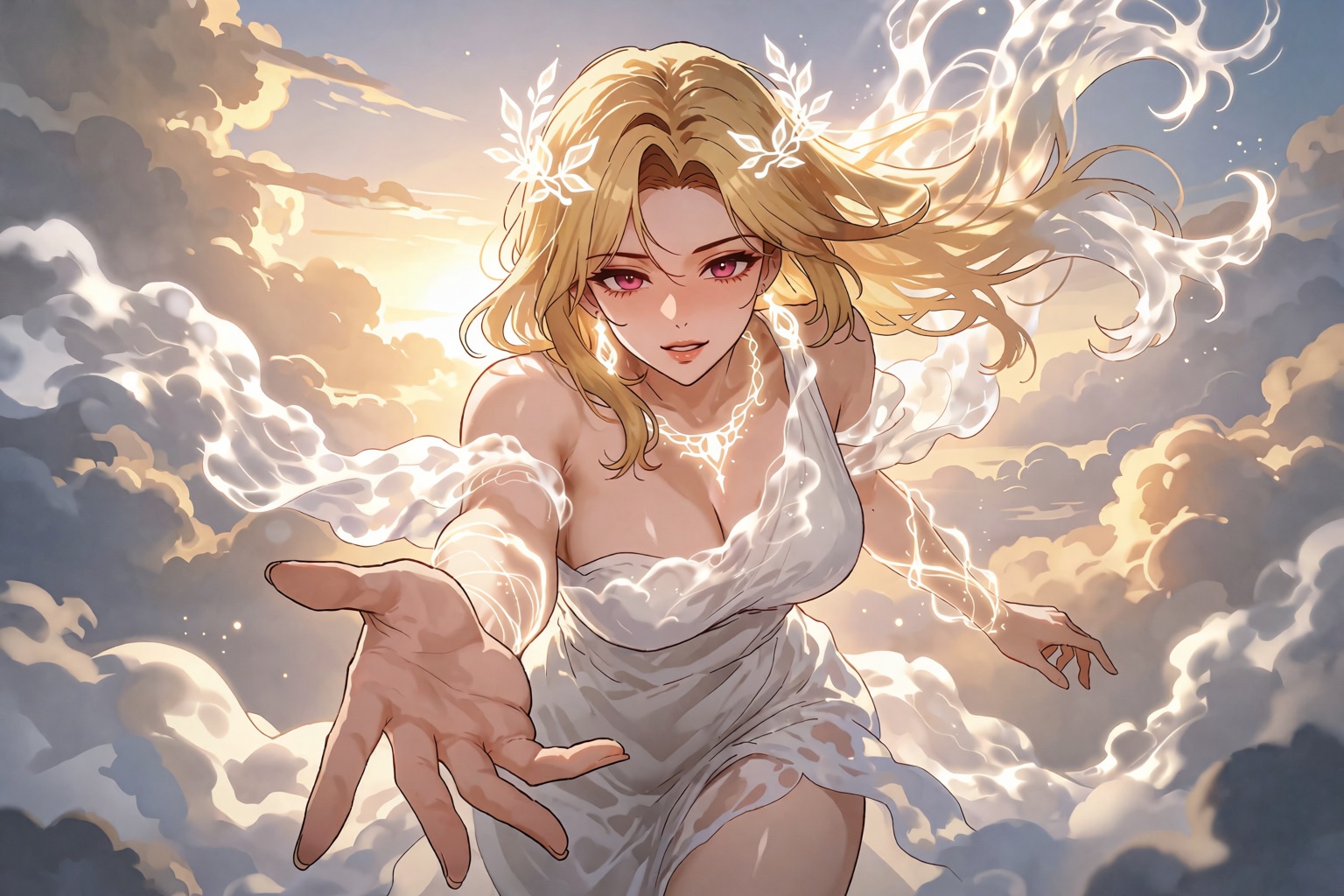 A cinematic splash art from a manhwa featuring a beautiful goddess floating within a luminous sea of clouds at sunrise,  f...